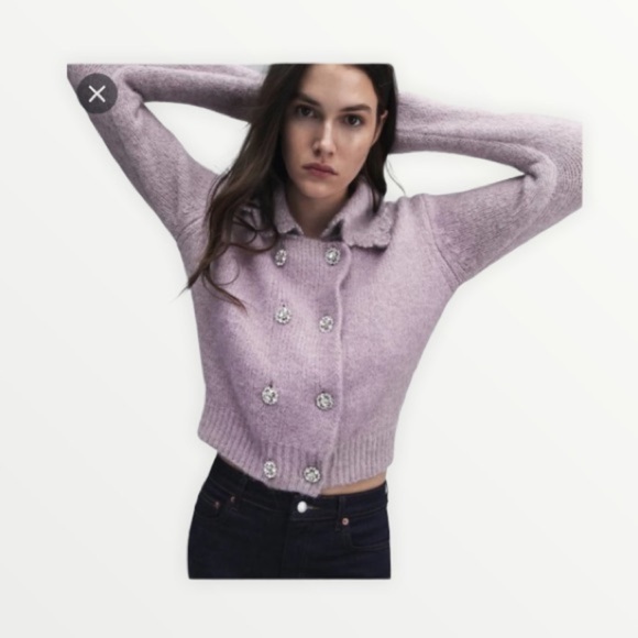 ZARA Lilac Lavender Rhinestone Button Front Sweater, Size Medium - Picture 2 of 10